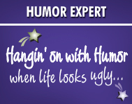 Purple graphic promoting and linking to Lois' Hangin' on with Humor Blog